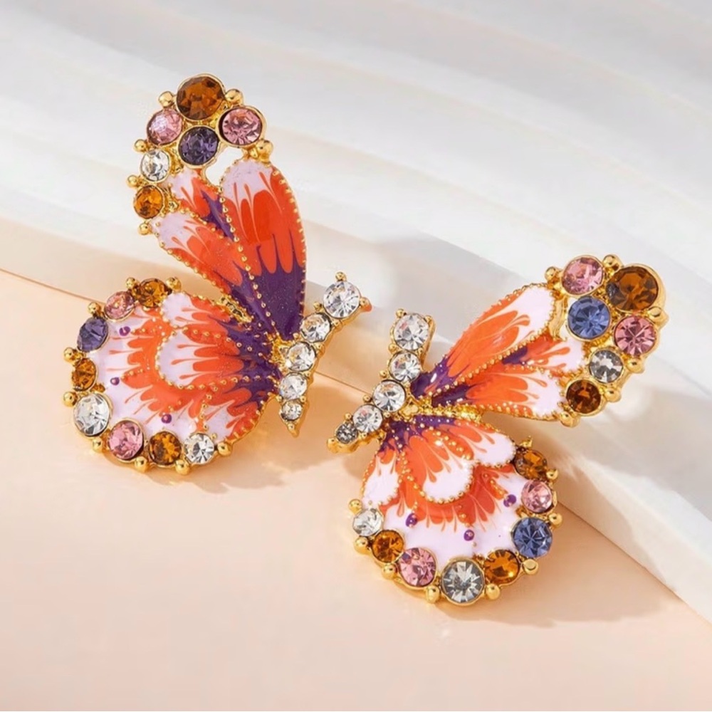 Statement Crystal Butterfly Earrings Luxe Multi Gem Enamel Designer Glam